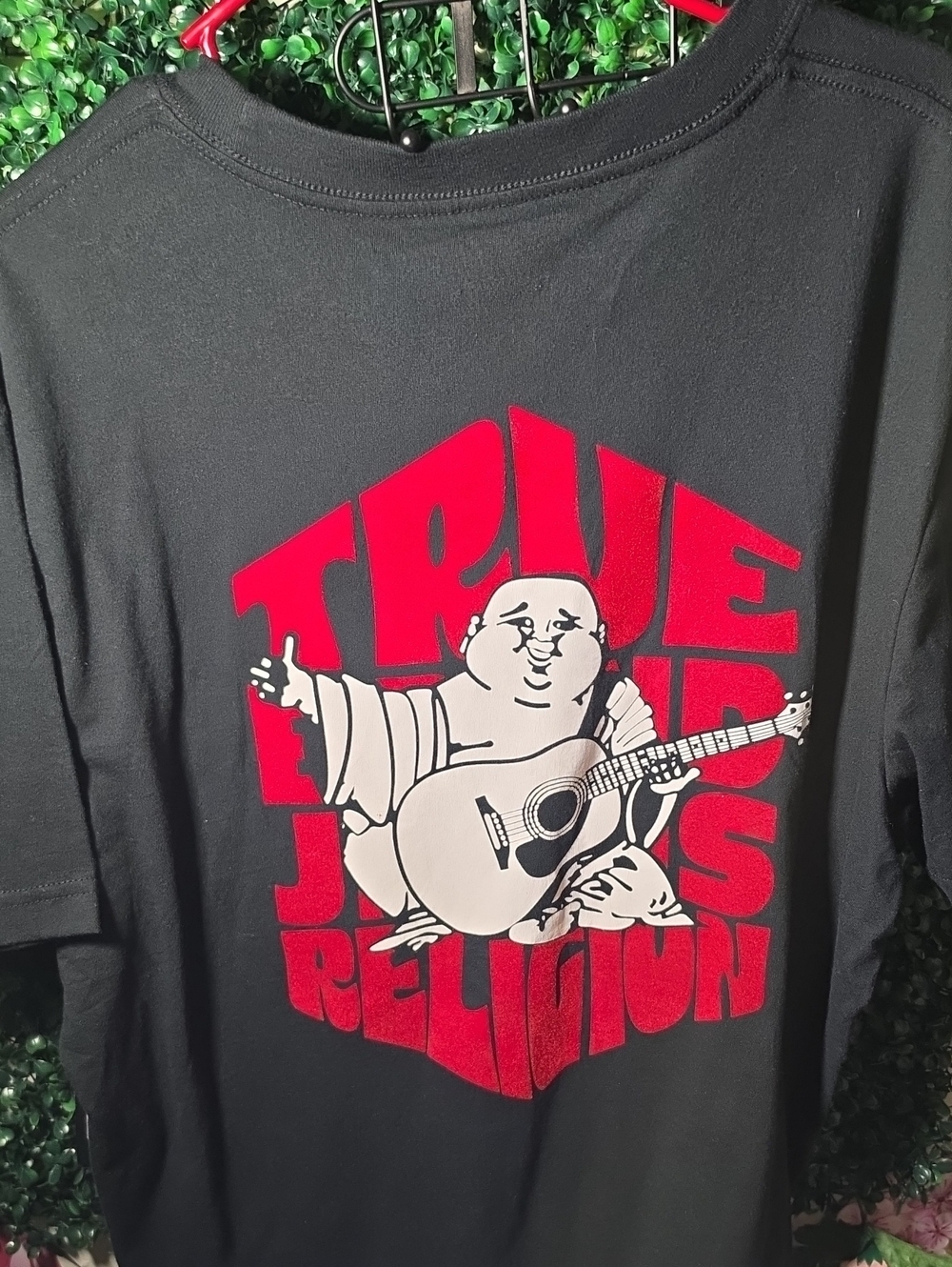 True Religion Black Tee with Red Logo and Beige Graphic